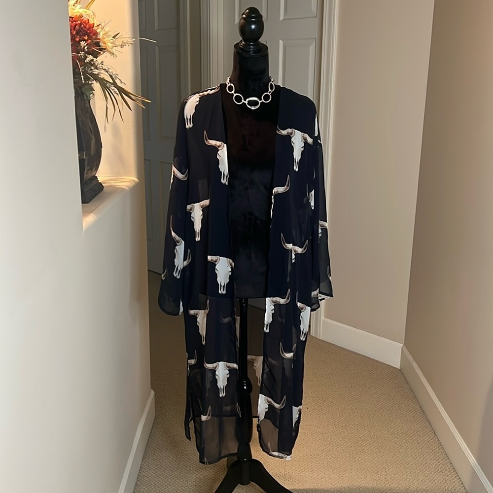 Peach Love California Longhorn Skull Sheer Kimono